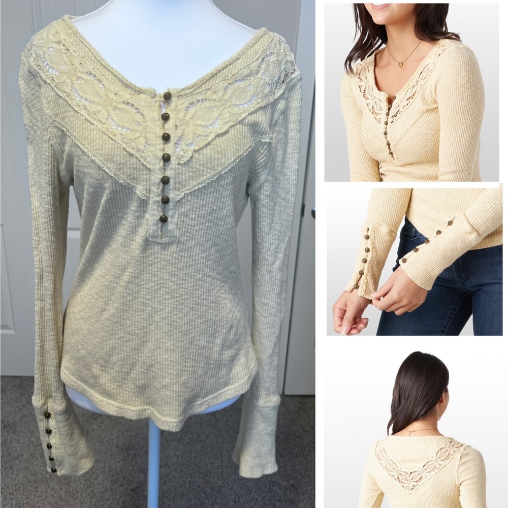 Free People Cream Lace Button Come on Over Stretch Henley Sz Large (Sm/Med)